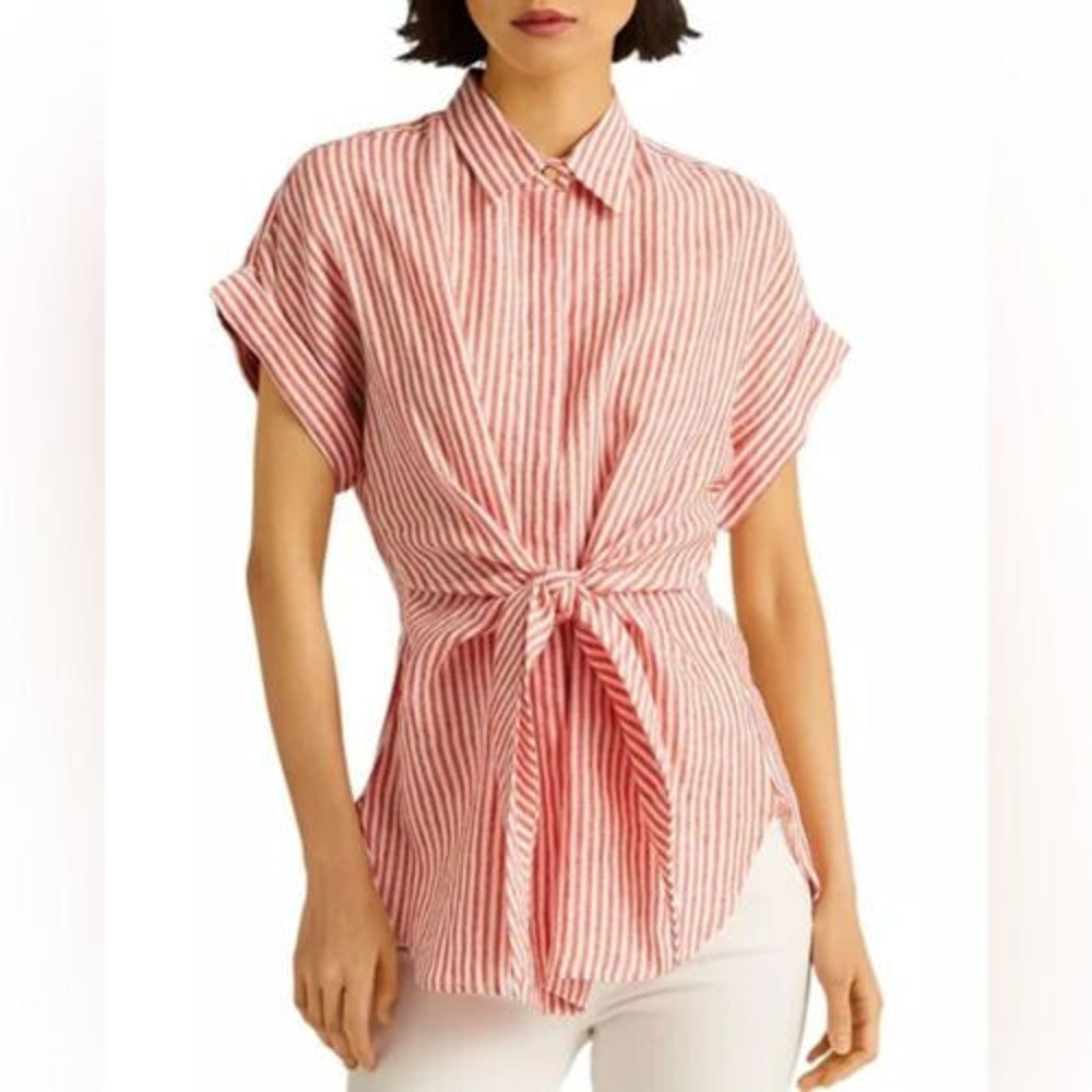 Lauren Ralph Lauren Striped Tie-Front Linen Shirt Red White Women's Plus Size 3X - Picture 10 of 10